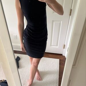 Theory Black Ruched Mock Neck Mini Dress
